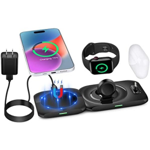 4 in 1 Magnetic Wireless Charger,Mag-Safe Charging Pad Compatible with iPhone 14 13 12 11/Pro/XS/XR/8,Samsung Galaxy,AirPods Pro, Apple Watch Fast Charger, Portable Charging Station(QC 3.0 Adapter)