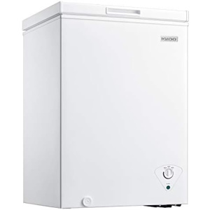 Igloo ICFMD35WH6A 3.5 Cu. Ft. Chest Freezer with Removable Basket, Free-Standing Door Temperature Ranges From-10° to 10° F, Front Defrost Water Drain, Perfect for Homes, Garages, Basements, RVs, White