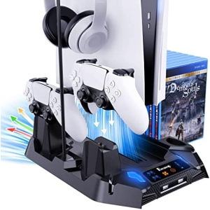 PS5 Stand with 2 Cooling Station & Dual Controller Charging Station for PS5 Console,Digital/Disc Edition, Benazcap PS5 Accessories Cooling Stand with Charge Stock, Headset Holder and 8 Game Slot,Black