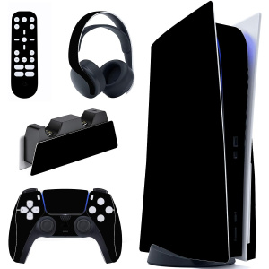 PlayVital Black Full Set Skin Decal for ps5 Console Disc Edition, Sticker Vinyl Decal Cover for ps5 Controller & Charging Station & Headset & Media Remote