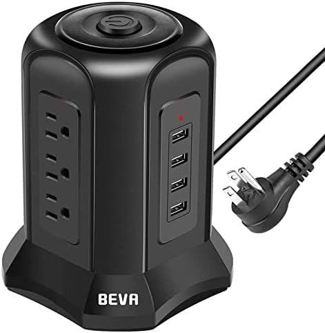 Power Strip Tower Surge Protector, BEVA Surge Protector Tower with Power Strip Tower Surge Protector, BEVA Surge Protector Tower with 9 AC Outlet and 4 USB Ports, 18AWG 6.5 Feet Extension Cord, 3-Prong Flat Plug, Multiple Outlets for Office, Home and Dorm Essentials