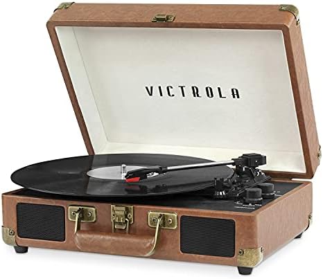 Victrola Vintage 3-Speed Bluetooth Portable Suitcase Record Player with Built-in Speakers | Upgraded Turntable Audio Sound| Includes Extra Stylus | Brown