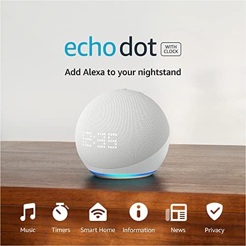 Amazon Echo Dot (5th Gen) with clock | Compact smart Amazon Echo Dot (5th Gen) with clock | Compact smart speaker with Alexa and enhanced LED display for at-a-glance clock, timers, weather, and more | Glacier White