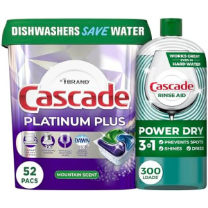 Bundle of Cascade Platinum Plus ActionPacs Dishwasher Detergent Pods, Mountain, 52 Count + Cascade Rinse Aid Platinum, Regular Scent, 30.5 oz