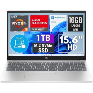 HP 15-fc0105cl 15.6-inch HD Touchscreen Laptop, AMD Ryzen 5 7520U, 16GB LPDDR5 RAM, 1TB SSD, Windows 11 Home, USB Type-C, HDMI, Wifi, Bluetooth, Natural Silver Notebook Computer (Renewed)